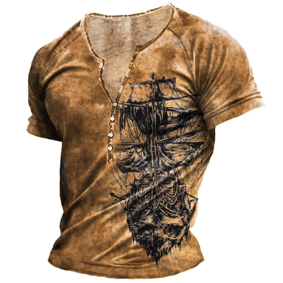 

Men's Vintage Pirate Sailboat Print Henley Collar T-Shirt