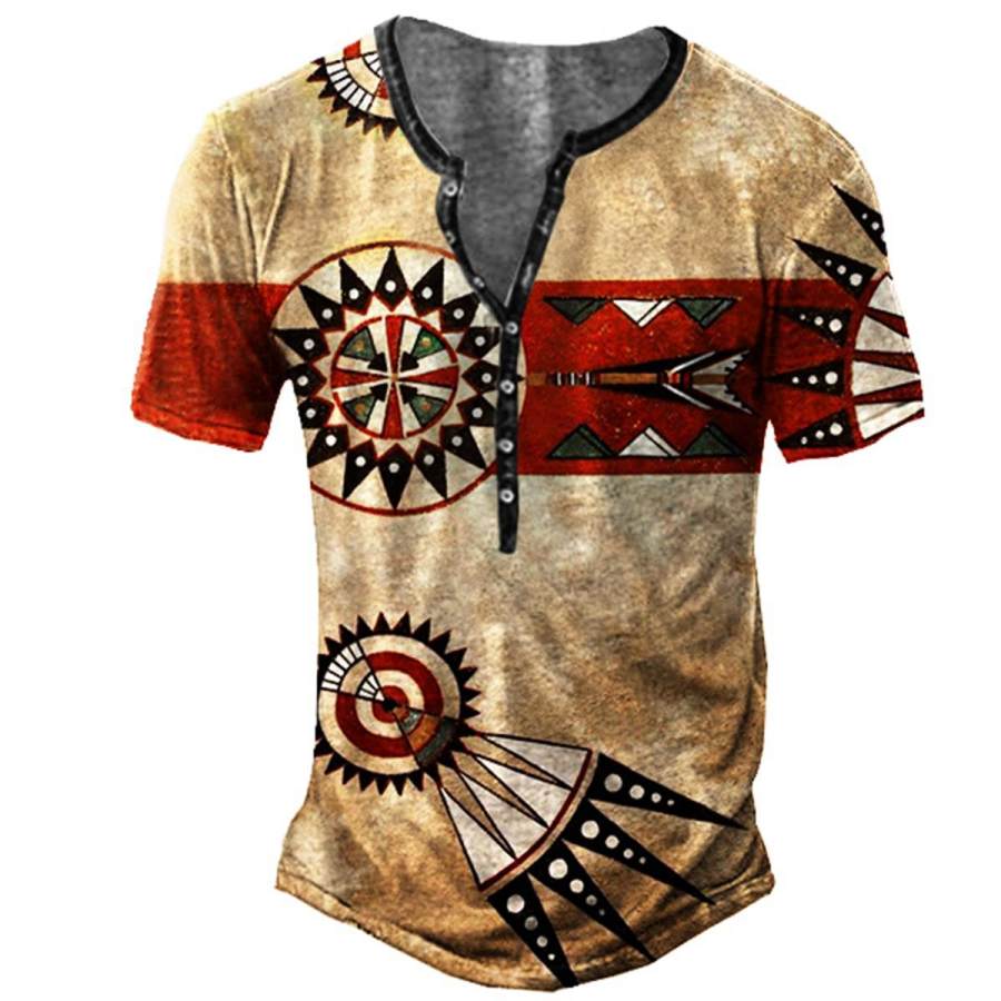 

Men's Ethnic Geometric Print Henley T-Shirt