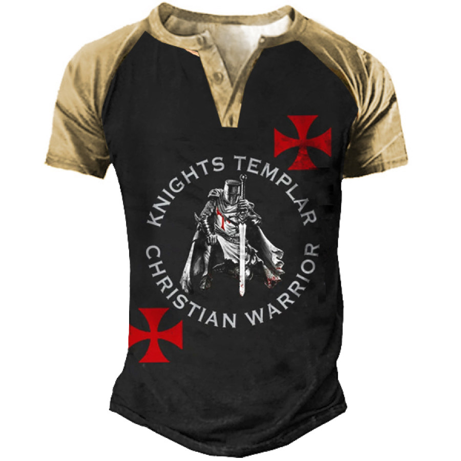 

Knights Templar Christian Warrior Oath Print Men's Henley T-Shirt