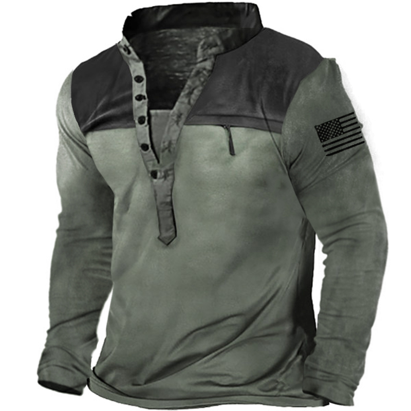 Men's Outdoor Tactical Patchwork Chic Zip Pocket Henley Collar Shirt