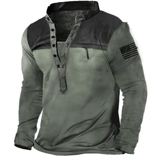 Men's Outdoor Tactical Patchwork Zip Pocket Henley Collar Shirt - Sanhive.com 