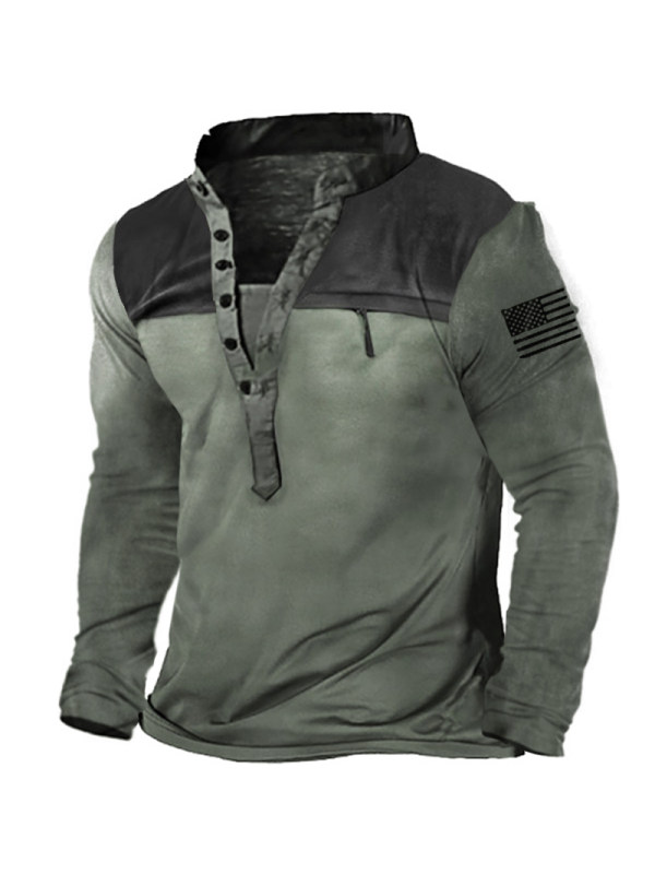 Men's Outdoor Tactical Patchwork Zip Pocket Henley Collar Shirt