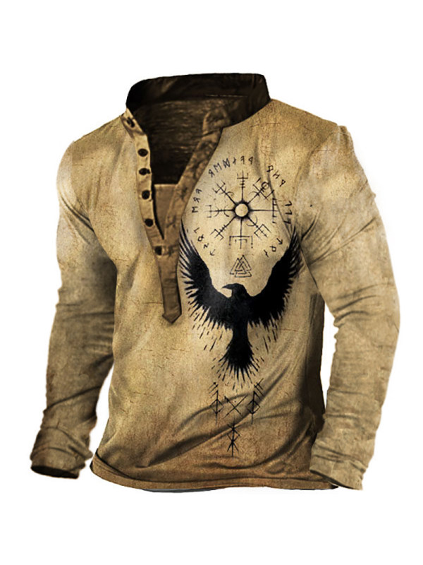 Vintage Print Men's Outdoor Henley Tactical Long Sleeve T-Shirt