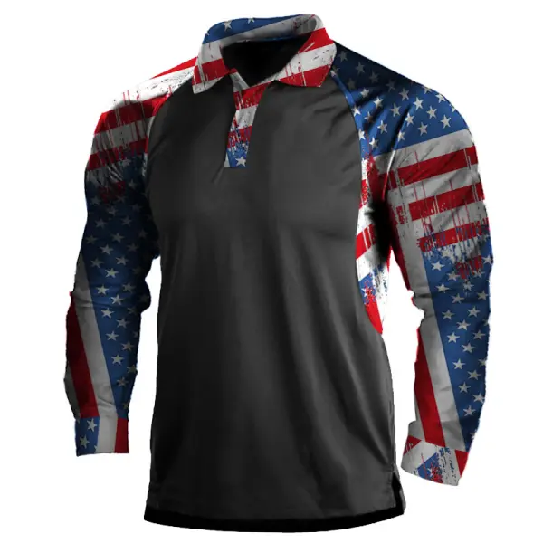 Men's American Flag Patchwork Print Long Sleeve Polo Shirt - Nikiluwa.com 