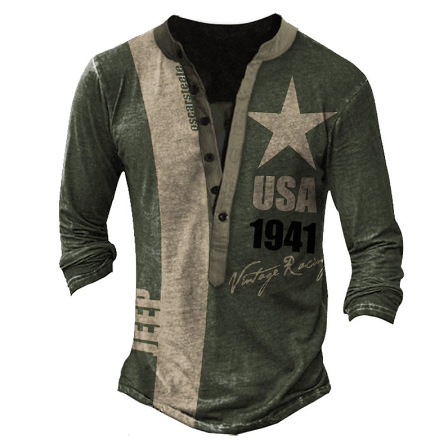 

USA 1941 Vintage Racing Men's Racing Outdoor Contrast Print Henley T-Shirt