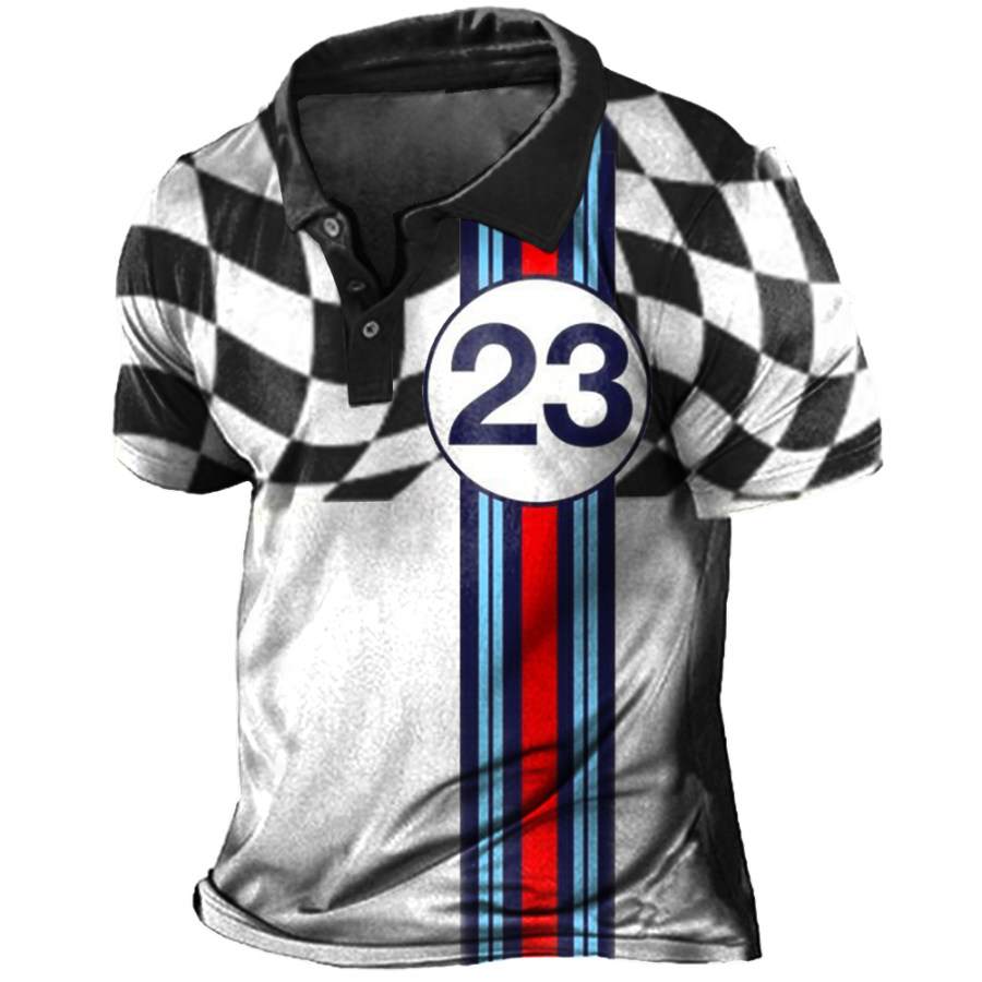 

Men's Vintage Racing Stripe Print Polo Neck T-Shirt