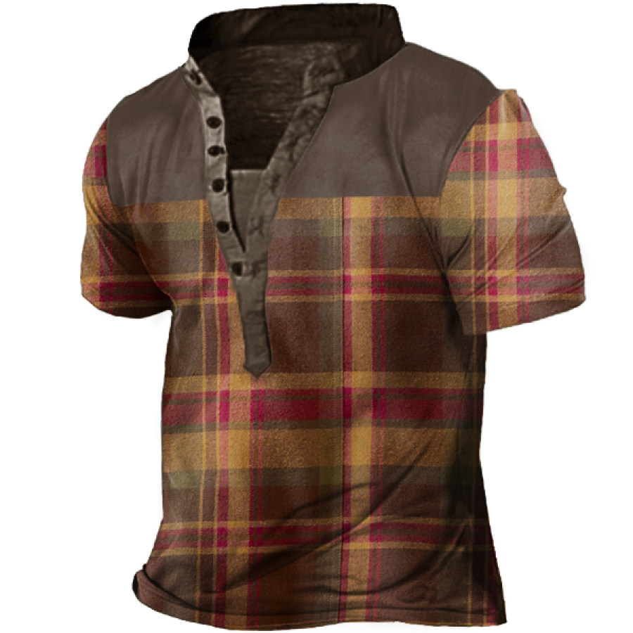 

Men's Vintage Check Print Short Sleeve Henley Shirt