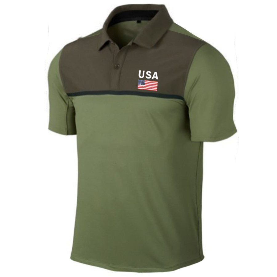 

Men's Outdoor American Flag Print Colorblock Polo Neck T-Shirt