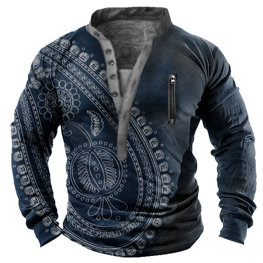 

Floral Paisley Vintage Print Men's Zip Pocket Henley Long Sleeve T-Shirt