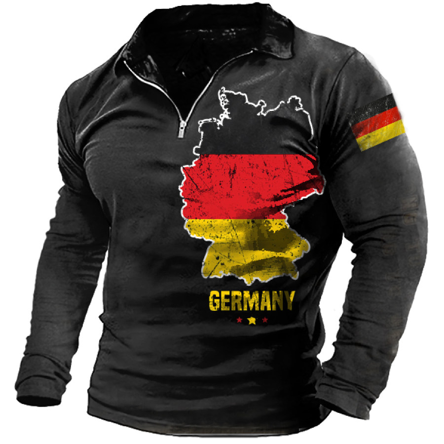 

German Flag Vintage Print Men's Outdoor Long Sleeve Polo Shirt