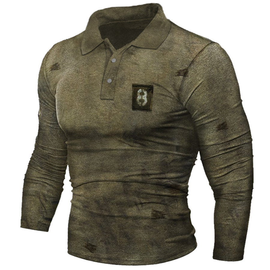

Men's Outdoor Vintage Print Long Sleeve Polo Shirt