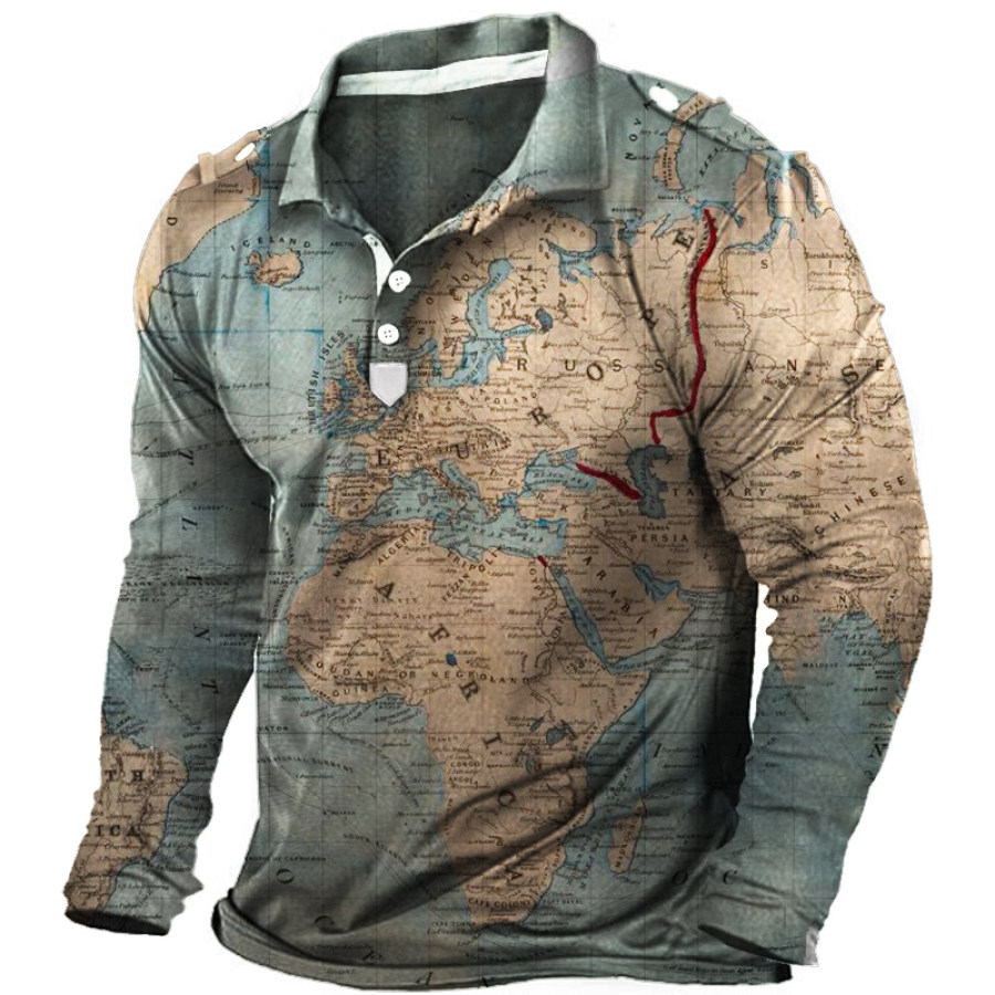 

Vintage World Map Print Men's Outdoor Long Sleeve Polo Shirt