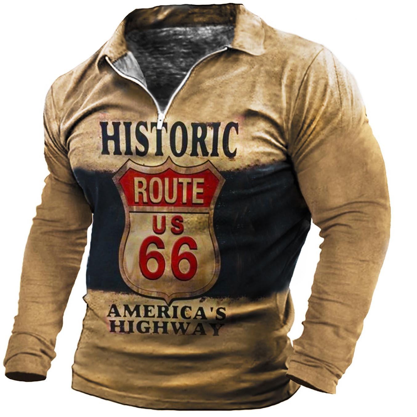 Men's Route 66 America Chic Highway Zip Polo Long Sleeve T-shirt