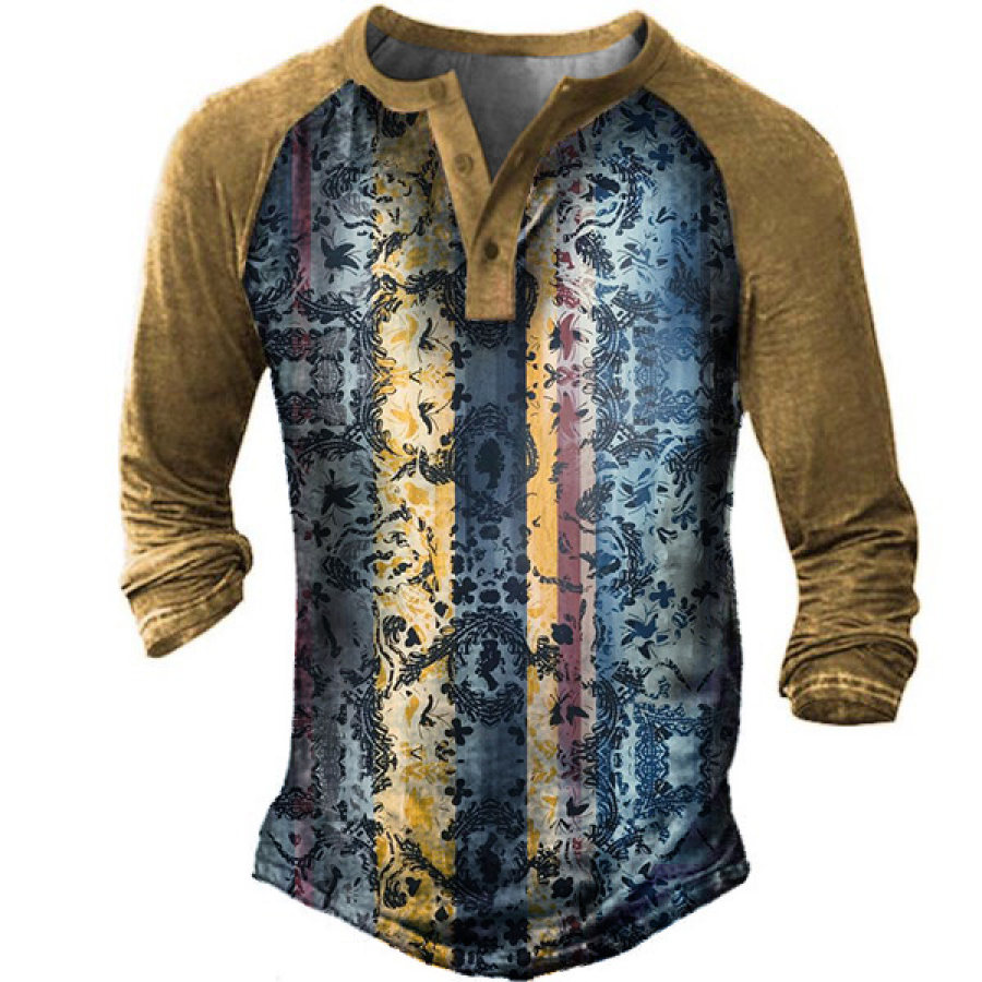 

Men's Vintage Ethnic Striped Print Henley Long Sleeve T-Shirt