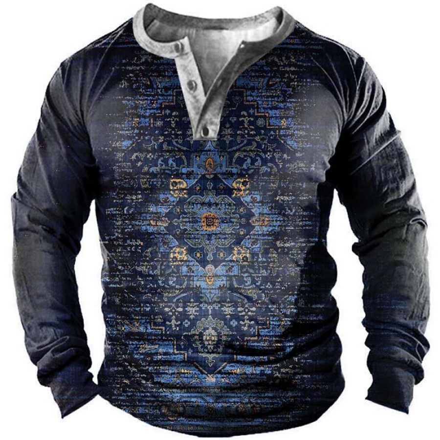 

Men's Vintage Ethnic Print Henley Long Sleeve T-Shirt