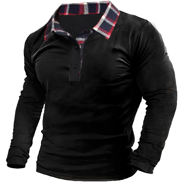 Men's Outdoor Check Polo Neck Chic Long Sleeve T-shirt