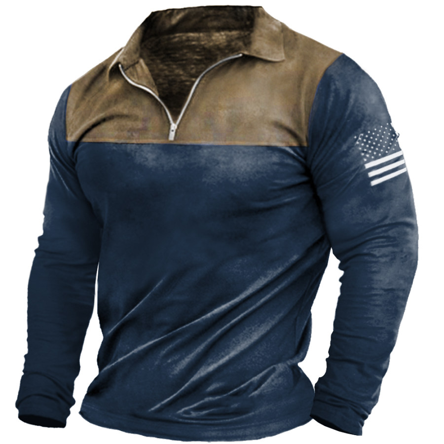 

Men's Outdoor Deerskin Velvet Paneled Long Sleeve Zip Polo Neck T-Shirt