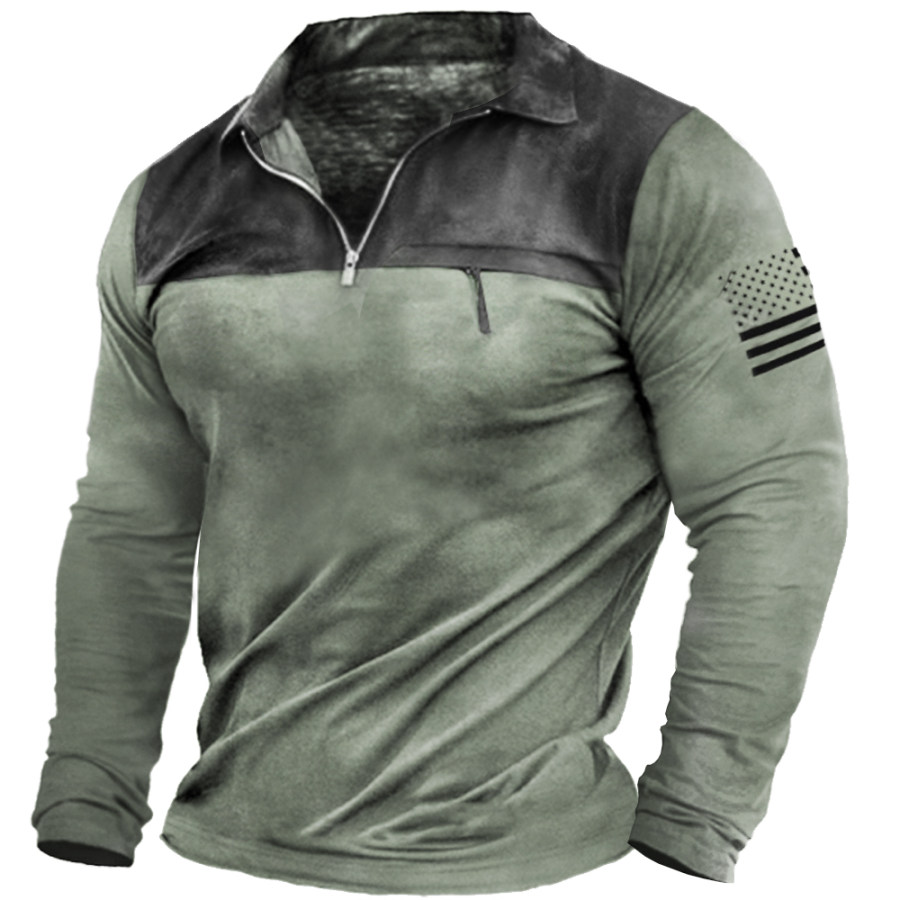 

Men's Outdoor Tactical Patchwork Zip Pocket Zip Polo Neck T-Shirt