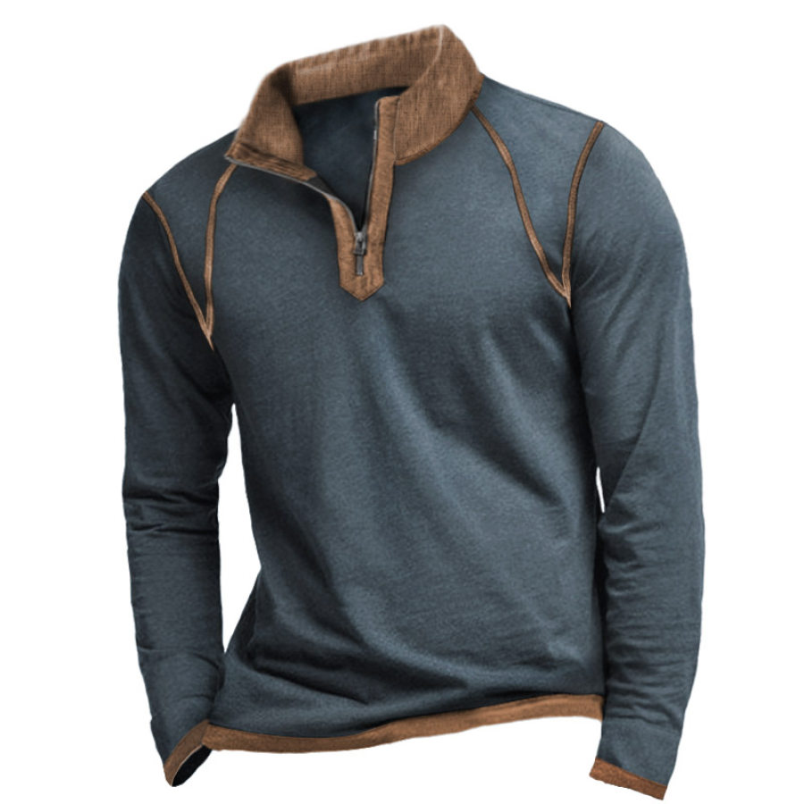 

Men's Retro Contrast Patchwork Outdoor Tactical Long Sleeve Polo Neck T-Shirt