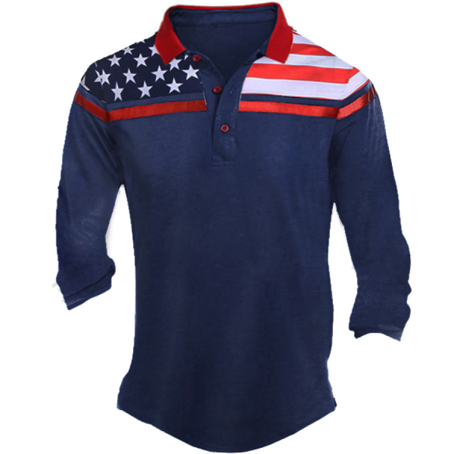 

Men's American Flag Print Long Sleeve Polo T-Shirt
