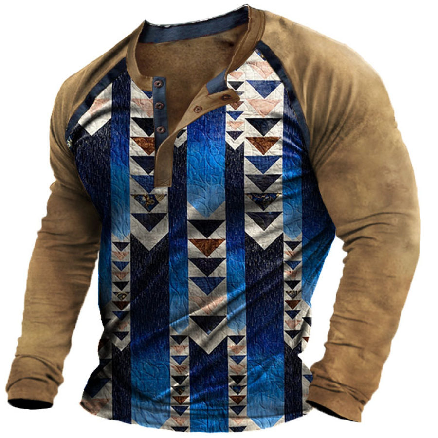 

Men's Vintage Ethnic Geometric Print Henley Long Sleeve T-Shirt