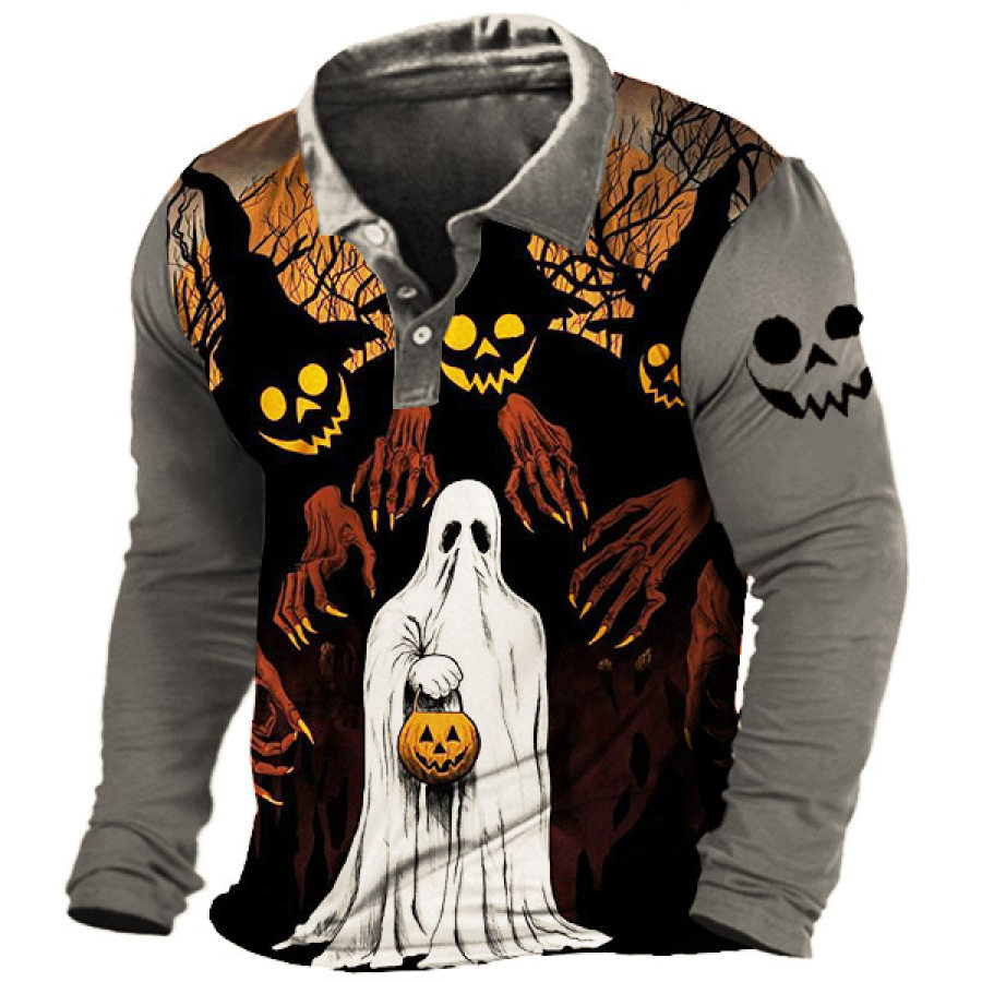 

Men's Halloween Ghost Pumpkin Polo Long Sleeve T-Shirt