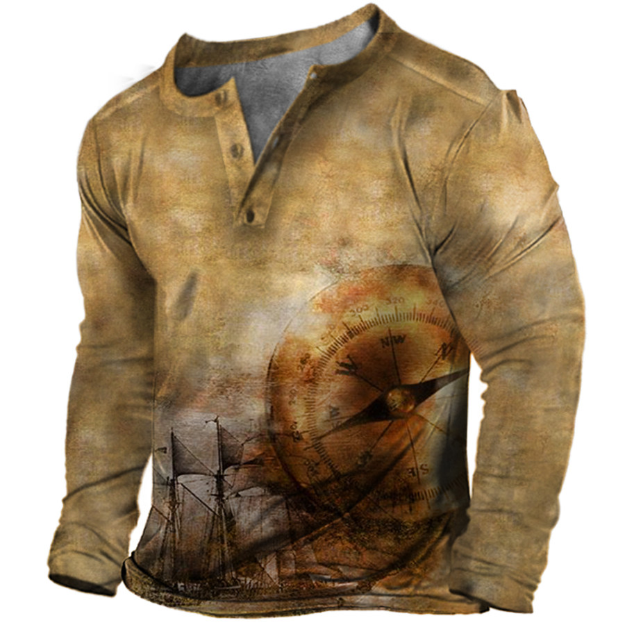 

Men's Vintage Compass Nautical Sailing Print Henley Collar Long Sleeve T-Shirt