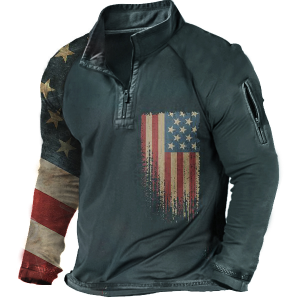 Vintage American Flag Men's Chic Henley Half Collar Tactical Long Sleeve T-shirt