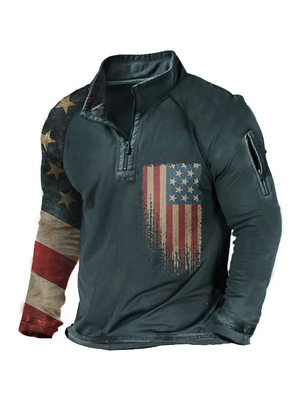 Vintage American Flag Men's Henley Half Collar Tactical Long Sleeve T-Shirt