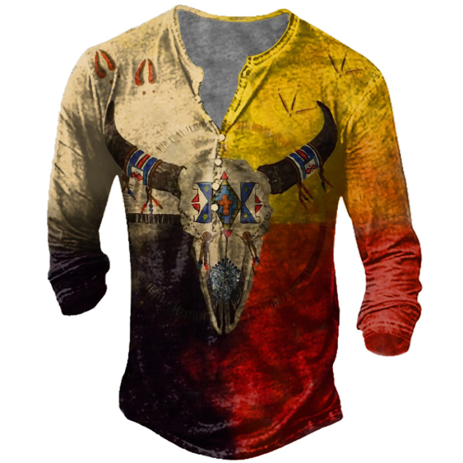 

Men's Outdoor Vintage Western Horn Henley Collar Long Sleeve T-shirt