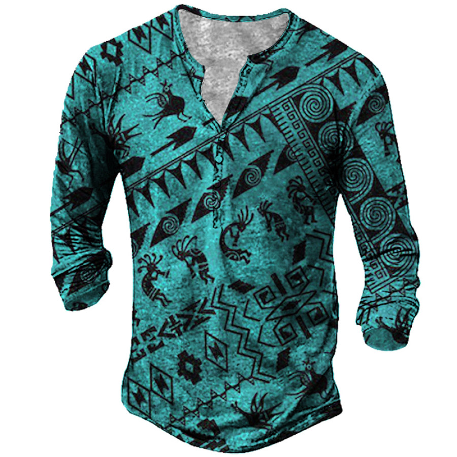 

Men's Outdoor Vintage Western Aztec Henley Collar Long Sleeve T-Shirt