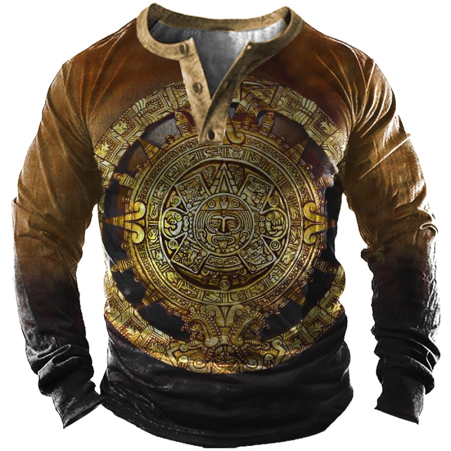 

Men's Outdoor Vintage Western Aztec Henley Collar Long Sleeve T-shirt