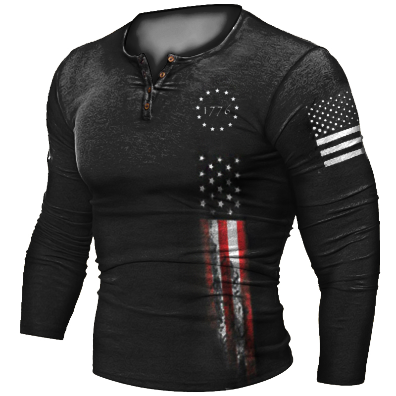 Men's 1776 Independence Day Chic American Flag Print Henley Collar Long Sleeve T-shirt