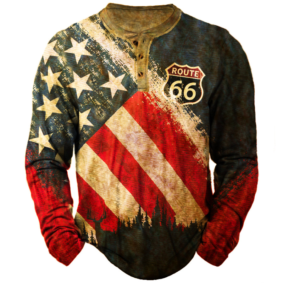 

Men's Vintage American Flag Route 66 Road Trip Henley Collar Long Sleeve T-Shirt