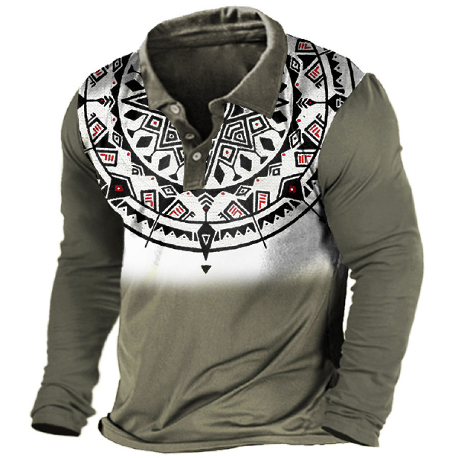 

Men's Vintage Ethnic Geometric Print Polo Long Sleeve T-Shirt