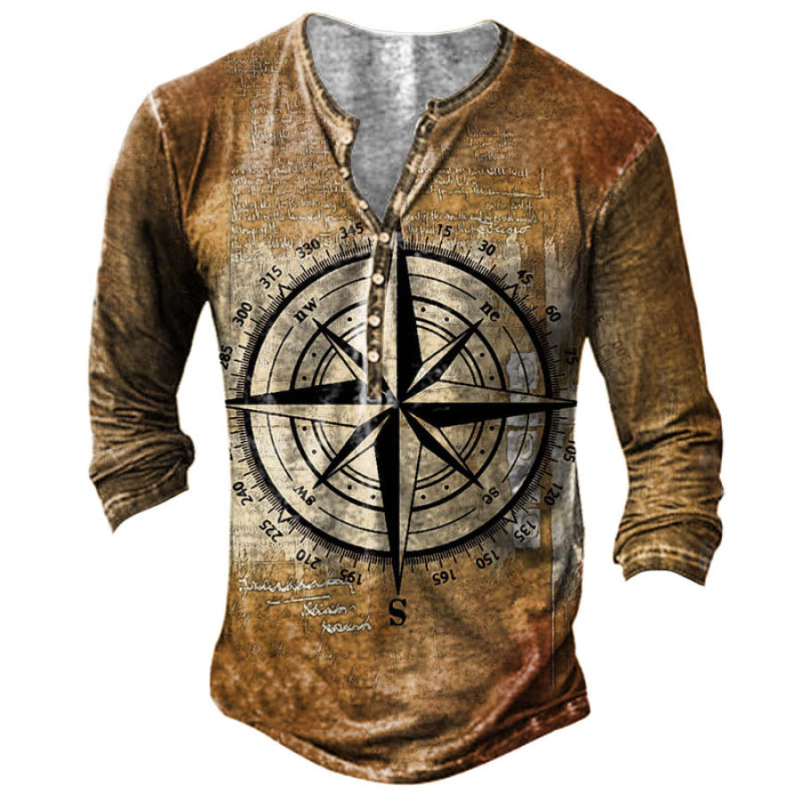 

Men's Vintage Compass Print Henley Long Sleeve T-Shirt