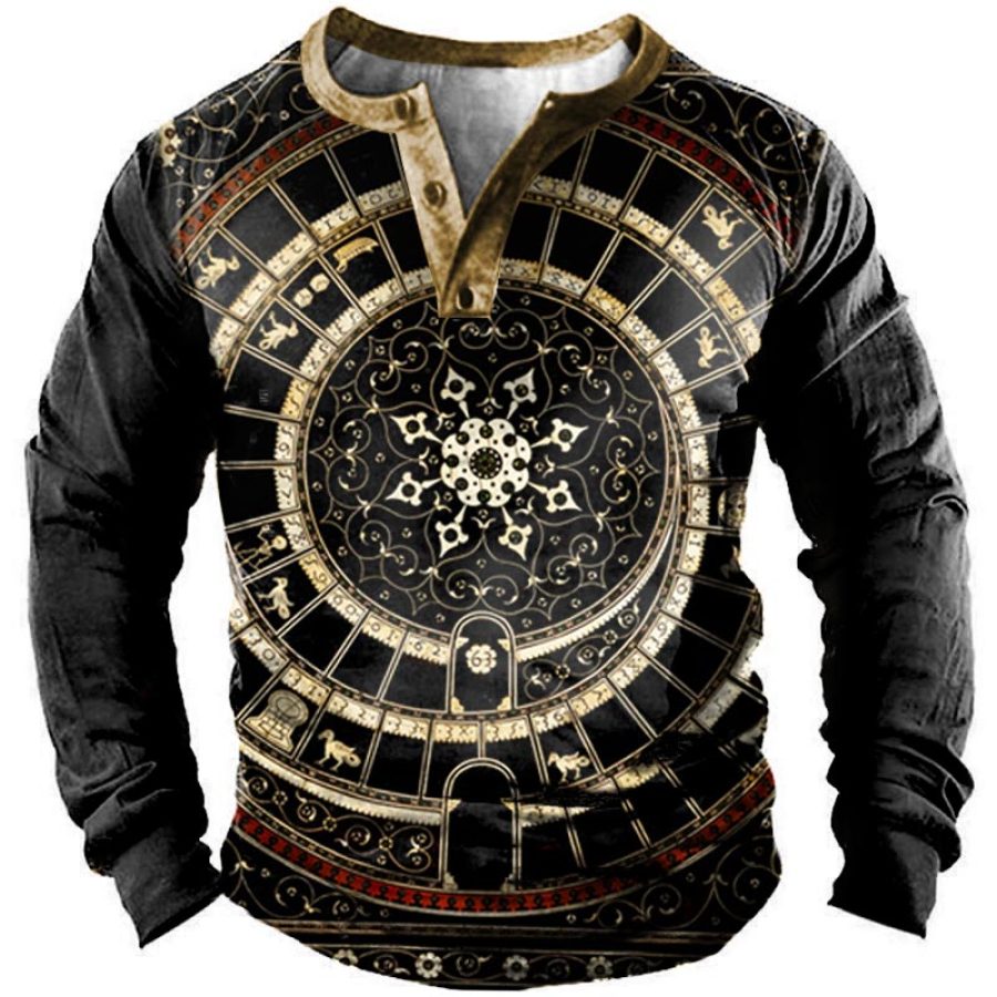 

Men's Vintage Ethnic Floral Print Henley Long Sleeve T-Shirt