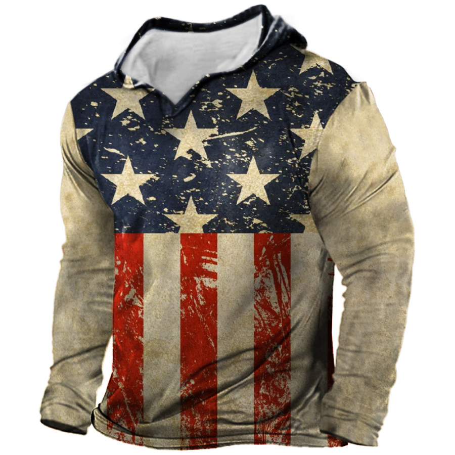 

Men's Outdoor American Flag Print Hooded Long Sleeve T-Shirt