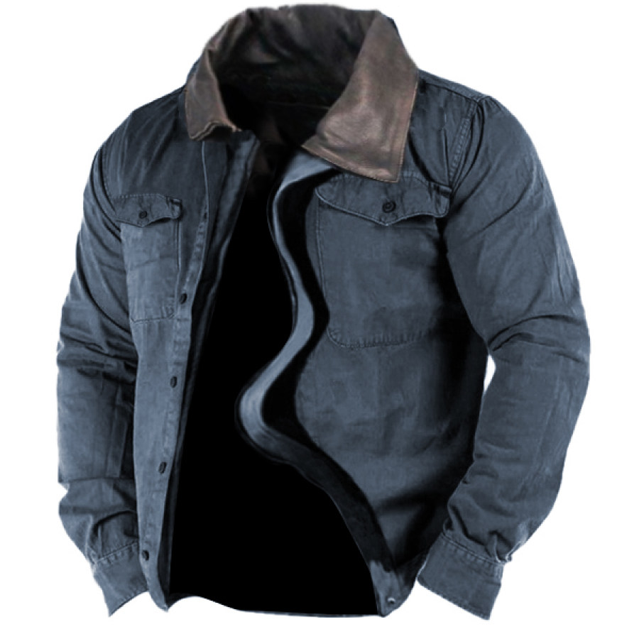

Men's Outdoor Retro Contrast Color Patchwork Leather Collar Men's Tactical Jacket