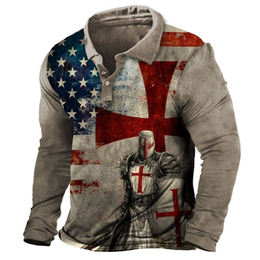 

Men's Vintage American Flag Templar Print Polo Neck T-Shirt