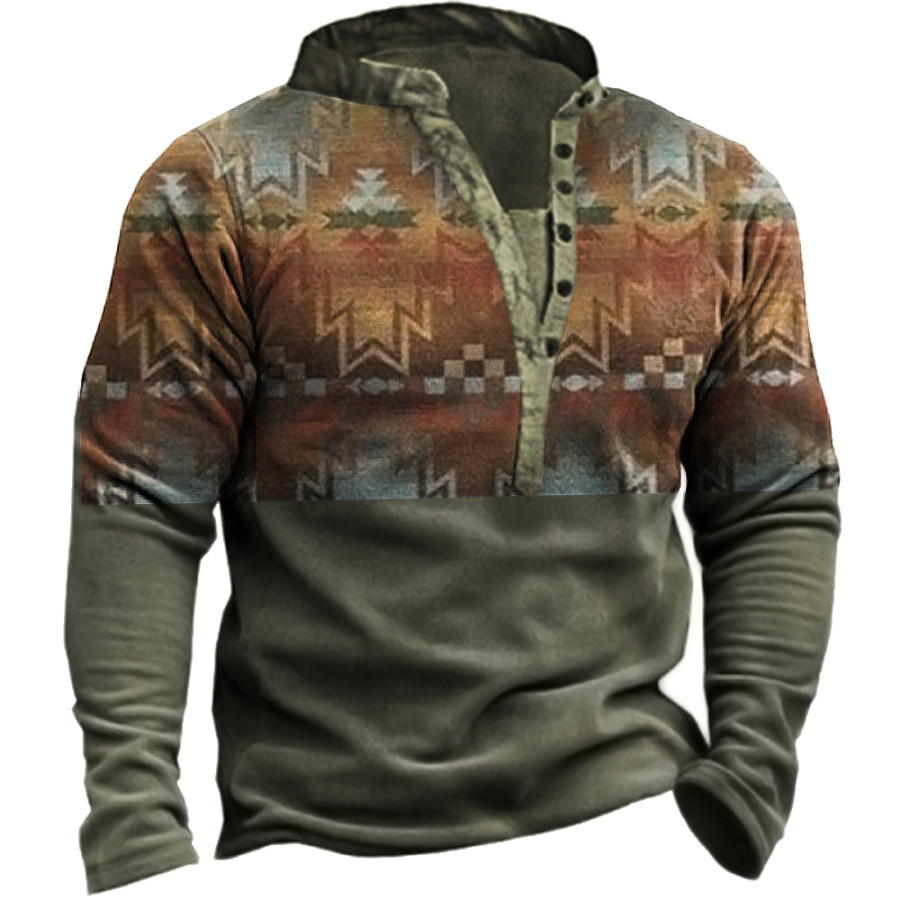 

Men's Vintage Ethnic Print Henley Collar Sweatshirt