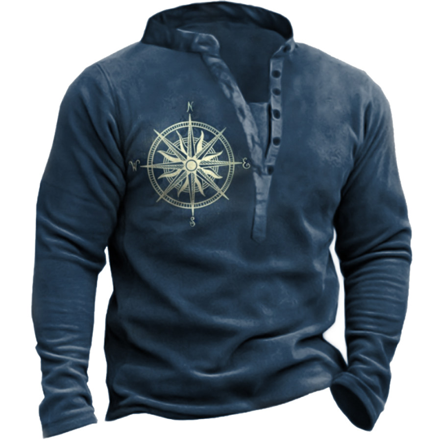 

Men's Vintage Compass Print Print Henley Collar Sweatshirt