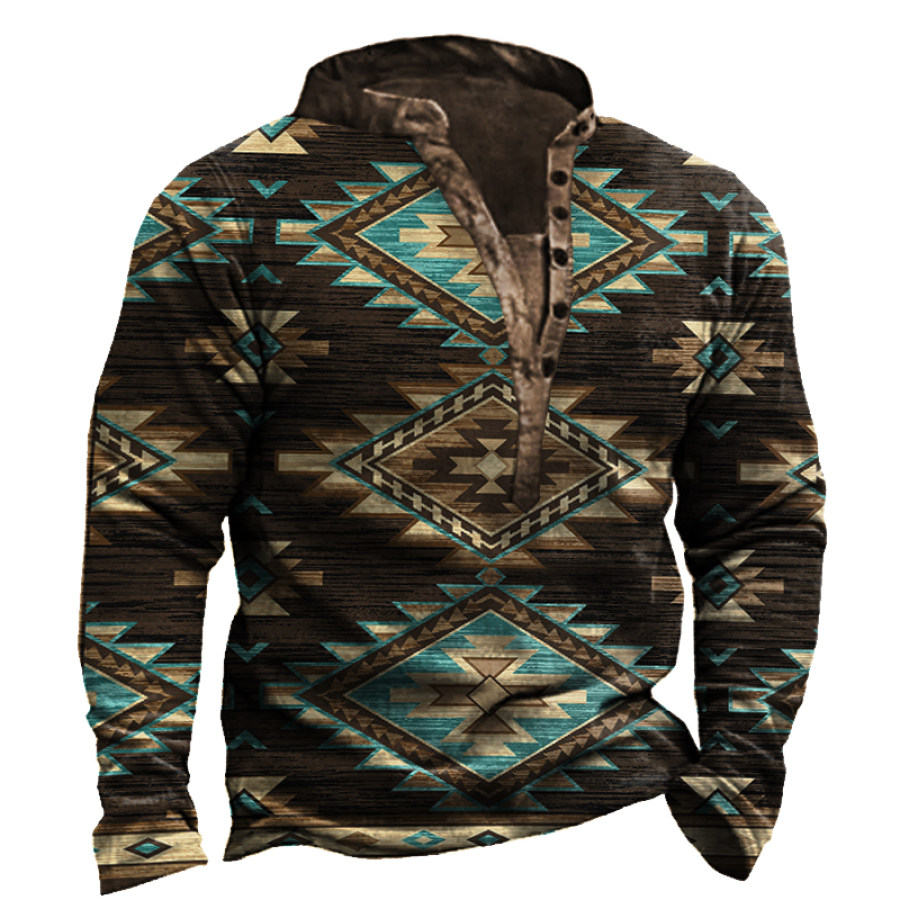 

Men's Vintage Ethnic Geometric Pattern Henley Tie-Up Sweatshirt