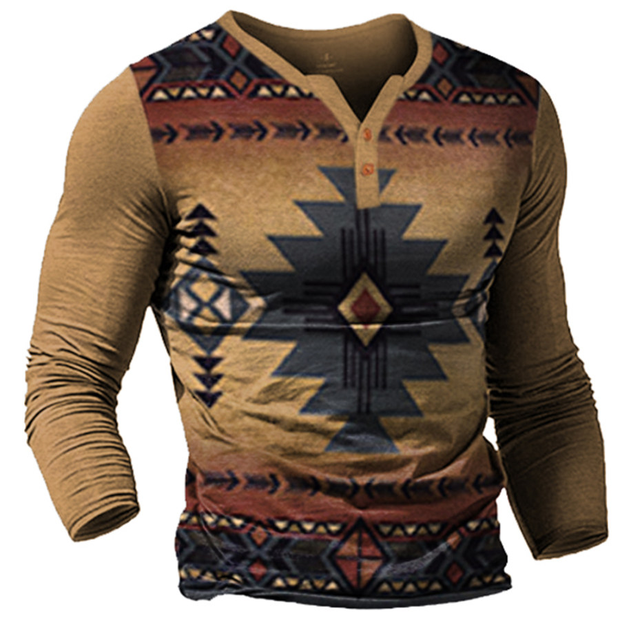 

Men's Vintage Ethnic Print Henley Collar T-Shirt