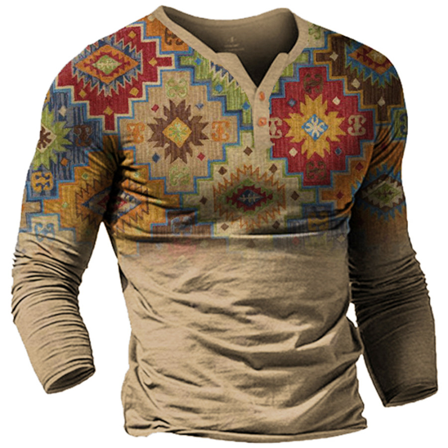 

Men's Vintage Ethnic Print Henley Collar T-Shirt