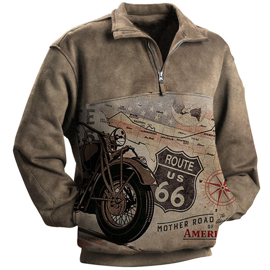 

Men's Retro Motorcycle Route 66 Printed Half-Zip Thickened Sweatshirt