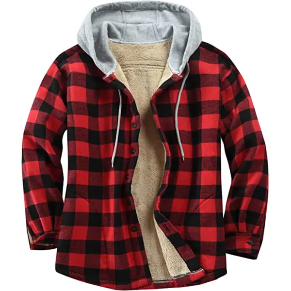 Lumberjack Check Textured Fleece Men's Casual Hooded Jacket - Cotosen.com