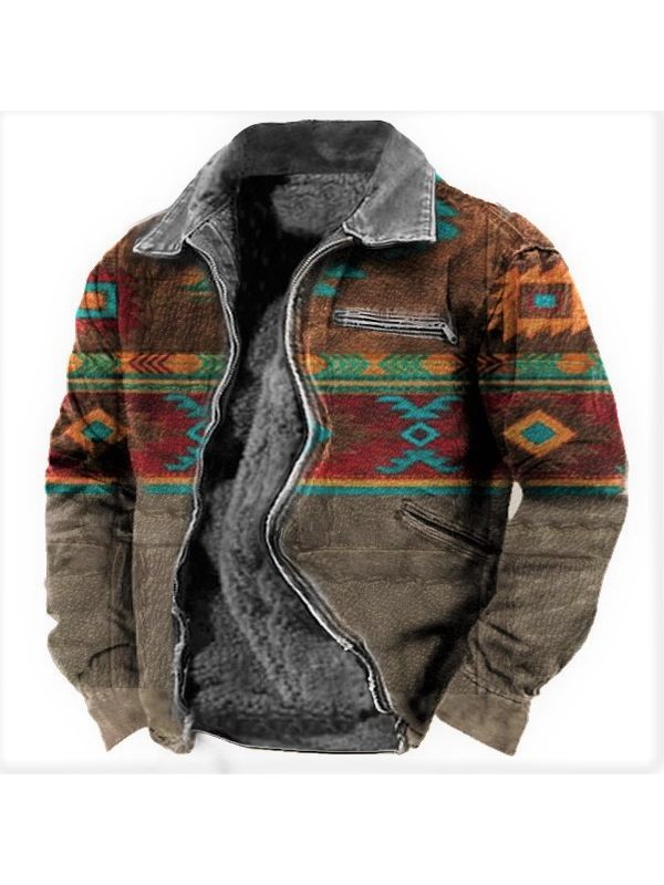 Men's Vintage Ethnic Tribal Print Plush Lined Jacket With Zip Pockets