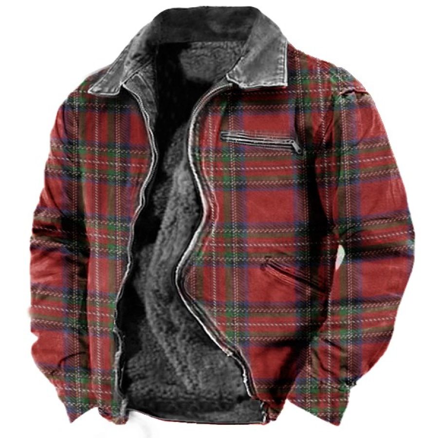 

Men's 80s Vintage Men's Plaid Print Fleece Lined Jacket With Zip Pockets