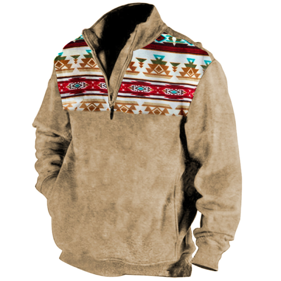 

Men's Vintage Ethnic Print Pocket Zip Sweatshirt